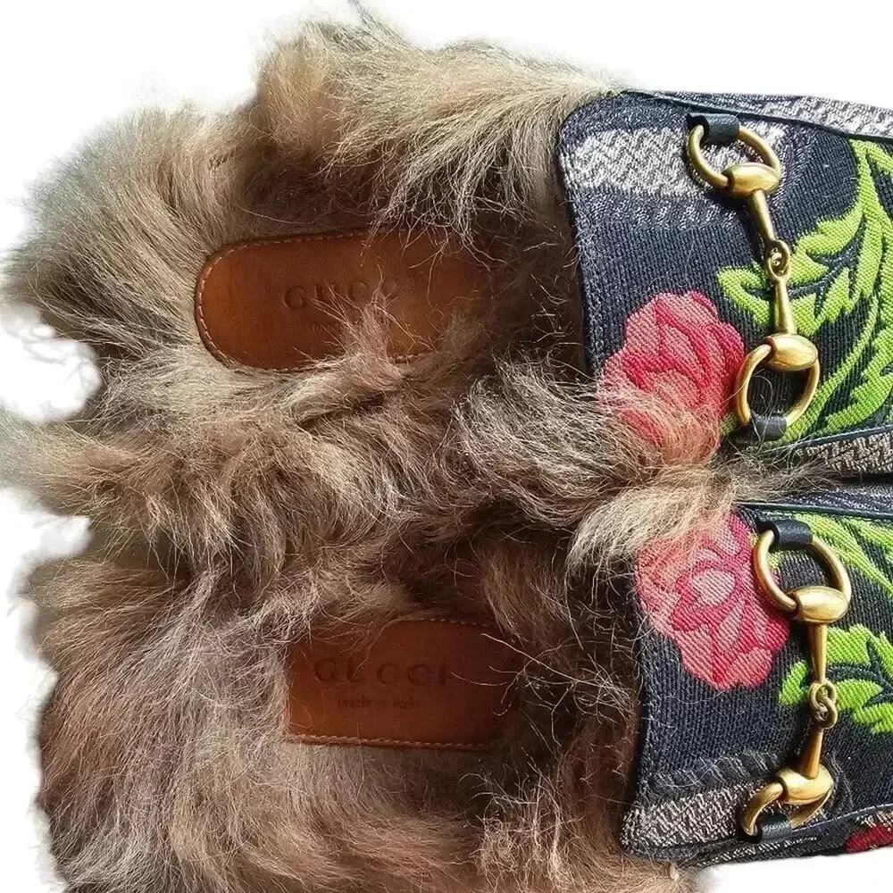 GUCCI Black Floral Brocade Jacquard FUR Princetown Slippers‎ Loafers Size 5.5 - Picture 5 of 13